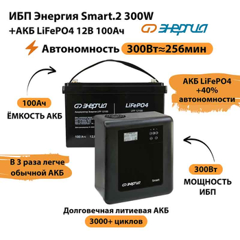 ИБП для котла Энергия Smart 2 300Вт + LiFePO4 Аккумулятор 12v 100Ah (300Вт - 256мин) - ИБП и АКБ - ИБП Энергия - ИБП для котлов отопления - . Магазин оборудования для автономного и резервного электропитания Ekosolar.ru в Самаре