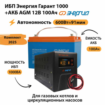 ИБП для котла Энергия Гарант 1000 + Аккумулятор 100 Ач 12 В (600Вт - 91мин) - ИБП и АКБ - ИБП для котлов - . Магазин оборудования для автономного и резервного электропитания Ekosolar.ru в Самаре