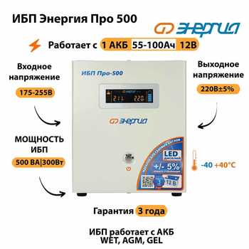 Энергия ИБП Про 500 12В - ИБП и АКБ - ИБП для котлов - . Магазин оборудования для автономного и резервного электропитания Ekosolar.ru в Самаре