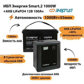 ИБП Энергия Smart.2 1000W + Аккумулятор LiFePO4 12v-100Ah (1000Вт-55мин) - ИБП и АКБ - ИБП Энергия - ИБП на 1 кВА - . Магазин оборудования для автономного и резервного электропитания Ekosolar.ru в Самаре