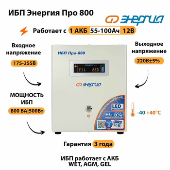 Энергия ИБП Про 800 12В - ИБП и АКБ - ИБП для котлов - . Магазин оборудования для автономного и резервного электропитания Ekosolar.ru в Самаре