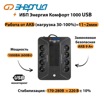 ИБП Комфорт 1000 USB Энергия - ИБП и АКБ - ИБП для компьютера - . Магазин оборудования для автономного и резервного электропитания Ekosolar.ru в Самаре